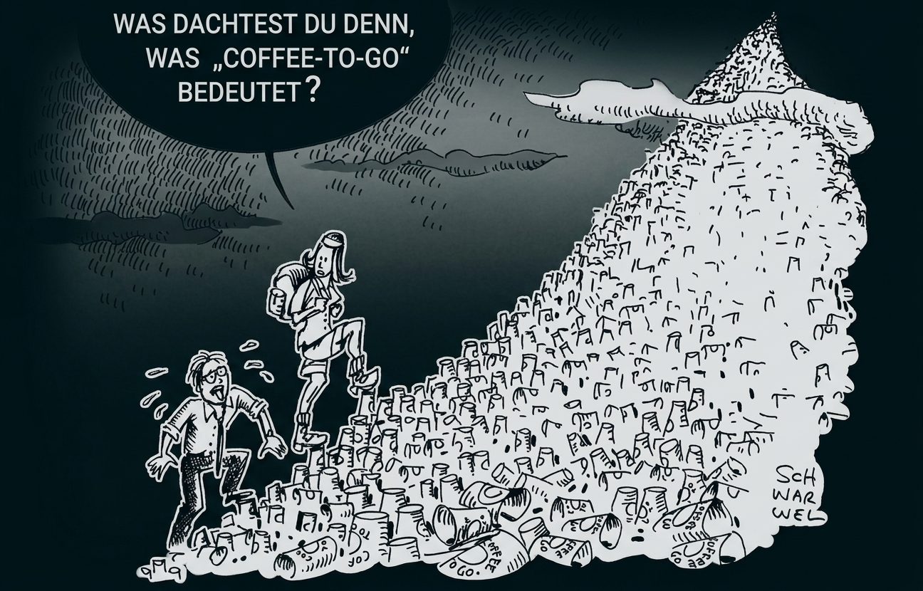 Cartoon: Zwei Wanderer klettern einen Berg aus Coffee-to-go-Bechern, eine fragt ironisch, was 'coffee-to-go' bedeute.